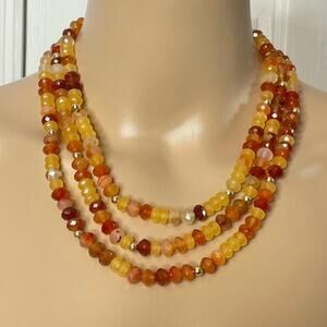 Vintage statement necklace triple strand amber glass faceted